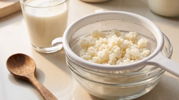 Kefirknollen im Sieb über einer Glasschüssel beim Kefir selber machen
