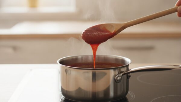 ketchup selber machen einkochen Ketchup selber machen: Tomatensauce köchelt im Topf bis zur richtigen Konsistenz