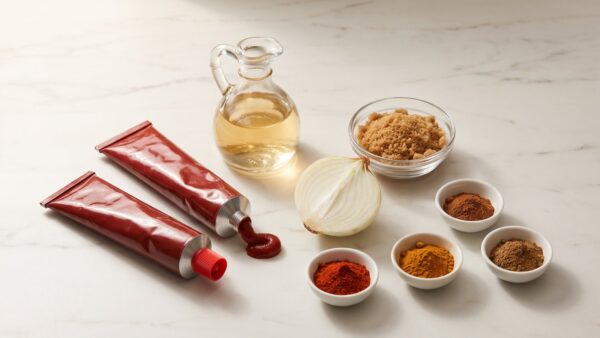 ketchup selber machen zutaten Zutaten fĂĽr selbstgemachten Ketchup: Tomatenmark, Essig, Zwiebel und GewĂĽrze