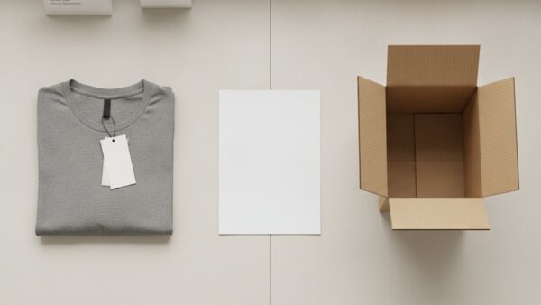 kik angebote bild 3 Gefaltetes T-Shirt mit leerem Stoffanhänger neben einem zugeklebten Rücksendekarton