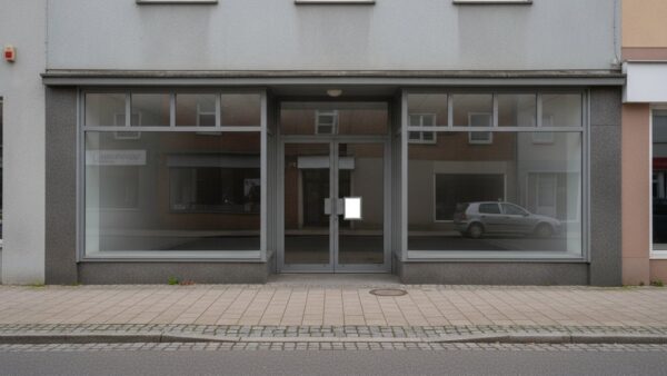 kik angebote bild 4 Schlichte Ladenzeile mit leerer Glasfront und unbeschriftetem Schild an der EingangstĂĽr