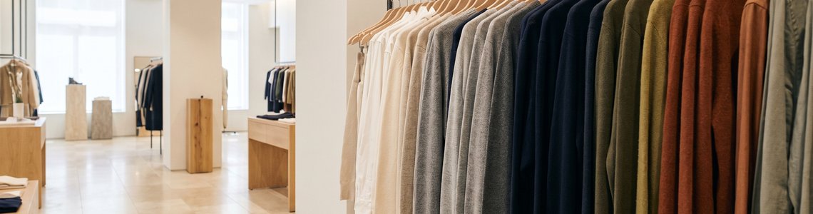 Lange Kleiderstange mit einfarbigen Pullovern in einem hellen, aufgeräumten Verkaufsraum
