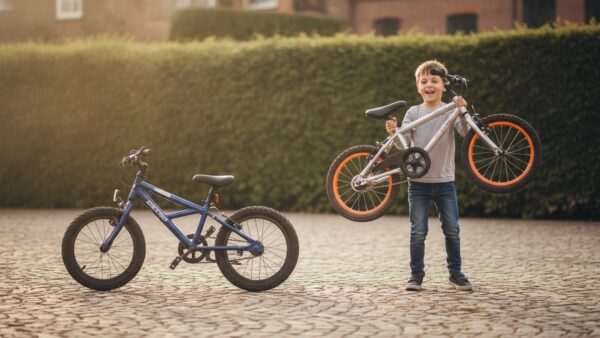 kinderfahrrad groesse gewicht Kind hebt ein leichtes Kinderfahrrad an, daneben ein schwereres Modell