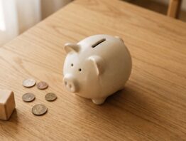 kindergeld 2027 bild 1 Sparschwein mit Muenzen und Holzspielzeug auf einem Tisch