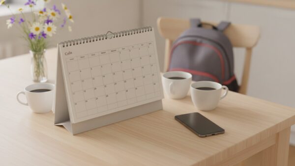 Unbeschrifteter Kalender auf einem Küchentisch neben zwei Kaffeetassen, dahinter ein Kinderrucksack am Stuhl