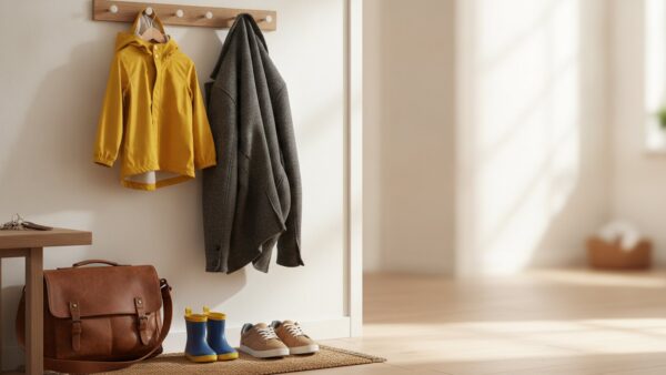 Flur mit gelber Kinderregenjacke neben einer Erwachsenenjacke, darunter Gummistiefel, auf der Ablage eine Arbeitstasche