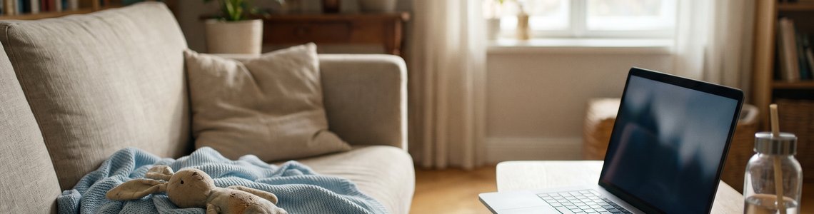 Helles Wohnzimmer mit Kinderdecke und Stoffhase auf dem Sofa, daneben Laptop und Tee auf dem Tisch