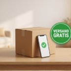 Versandkarton und Smartphone mit bestätigter Zahlung - kostenloser DHL-Versand bei Kleinanzeigen mit Apple Pay