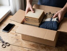 Hände packen gebrauchte Bücher und eine Kinderjacke in einen Versandkarton