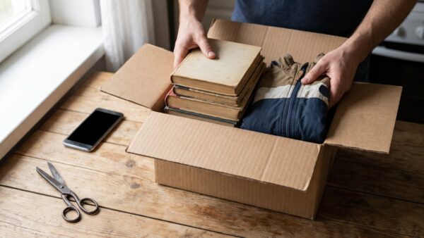 kleinanzeigen versand bild 1 Hände packen gebrauchte Bücher und eine Kinderjacke in einen Versandkarton
