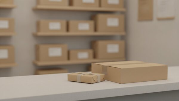kleinanzeigen versand bild 2 Kleines Päckchen und flacher Versandkarton auf der Theke eines Paketshops