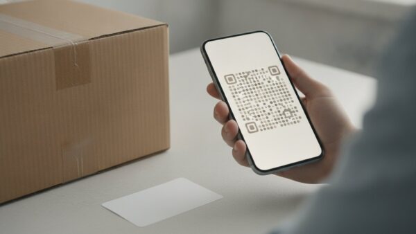 kleinanzeigen versand bild 3 Hand hält ein Smartphone mit Code-Muster über einen verschlossenen Versandkarton