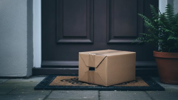 kleinanzeigen versand bild 4 Beschädigtes Paket mit eingedrückter Ecke vor einer geschlossenen Haustür