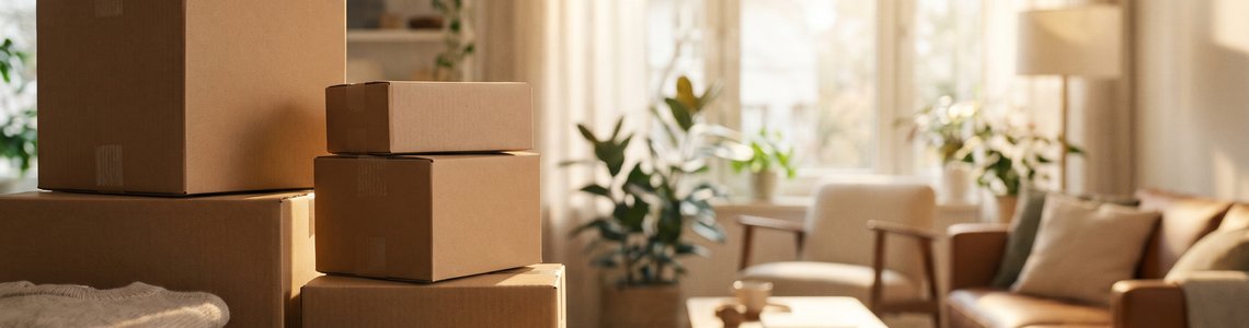 Verschlossene Versandkartons in verschiedenen Größen mit Packband auf einem Holztisch
