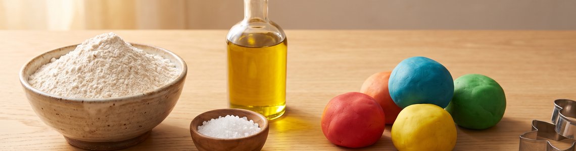 Knete selber machen Zutaten Mehl Salz Oel und bunte Knetkugeln