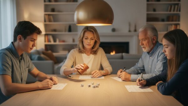 kniffel vorlage bonus Familie beim Würfelspiel mit Becher und Wertungsblatt am Tisch