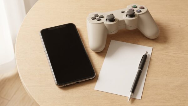 konsolen kindersicherung bild 2 Smartphone, Controller und leerer Notizzettel auf dem Tisch