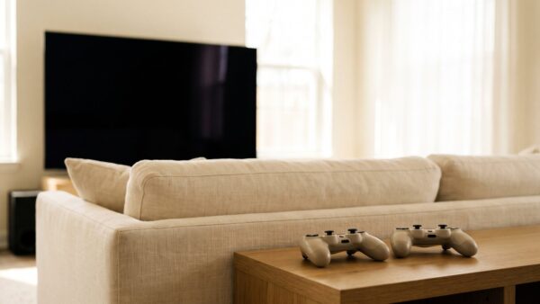 konsolen kindersicherung bild 3 Zwei Controller auf einem Wohnzimmertisch vor dunklem Fernseher