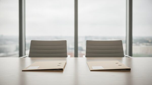 Leerer Konferenztisch mit zwei geschlossenen, unbeschrifteten Aktenmappen am Fenster