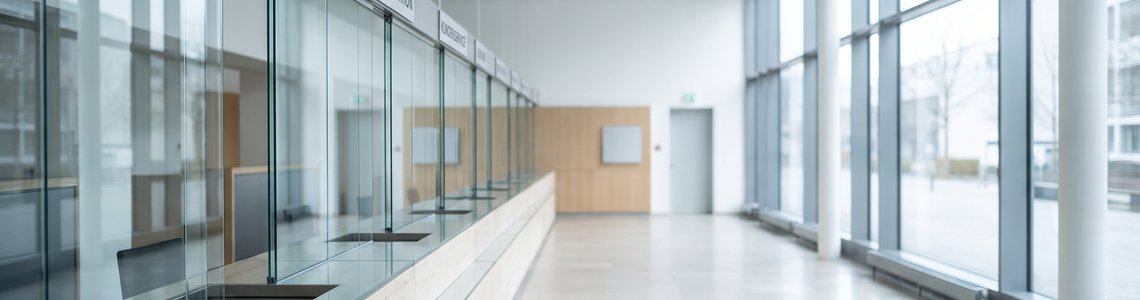Leere, helle Schalterhalle einer Bank mit langer Glastheke im Tageslicht