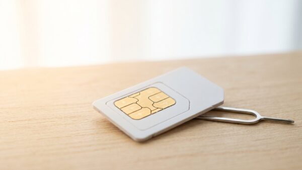 kostenlose sim karte bild 1 Unbedruckte SIM-Karte im Plastikrahmen neben einem Ă–ffnungsstift