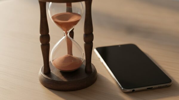 kostenlose sim karte bild 4 Fast abgelaufene Sanduhr neben einem ausgeschalteten Smartphone