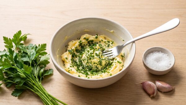 Kräuterbutter selber machen: weiche Butter mit gehackter Petersilie in einer Schüssel