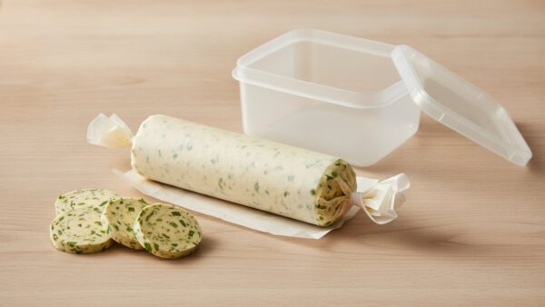 Kräuterbutter selber machen: fertige Rolle in Pergamentpapier mit abgeschnittenen Talern