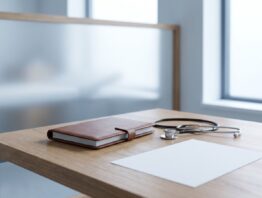 Aufgeräumter Praxisschreibtisch mit Notizblock, Stethoskop und leerem Papierbogen