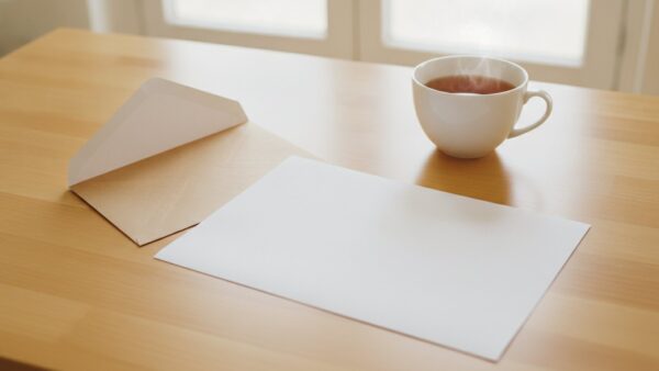 krankschreibung medizinischer dienst bild 4 Geöffneter Briefumschlag und leeres Blatt Papier auf einem Küchentisch neben einer Tasse Tee