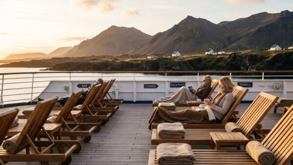 Sonnendeck eines Kreuzfahrtschiffs vor vulkanischer Küste der Kanaren im Winter