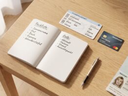 Kreuzfahrt-Kosten kalkulieren: Notizblock, Bordkarte, Kreditkarte und Reisepass
