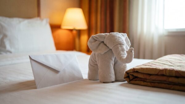 kreuzfahrt trinkgeld bild 3 Trinkgeldumschlag neben einem Handtuchtier auf dem Bett einer Schiffskabine
