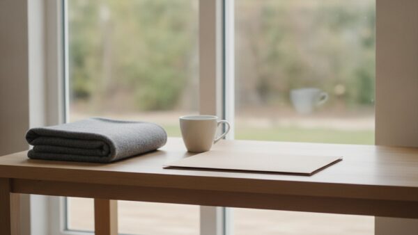 kuendigung krankschreibung bild 3 Küchentisch am Fenster mit gefalteter Wolldecke, weißer Tasse und leerer Papiermappe