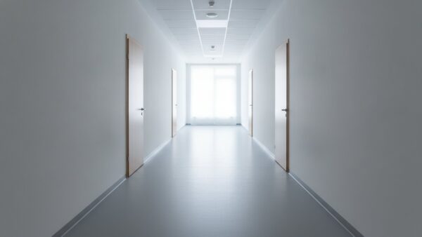 kuendigung krankschreibung bild 4 Leerer heller Verwaltungsflur mit geschlossenen Türen ohne Beschilderung