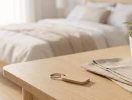 Schlüsselbund mit leerem Holzanhänger auf einem Holztisch vor einem hellen Apartment