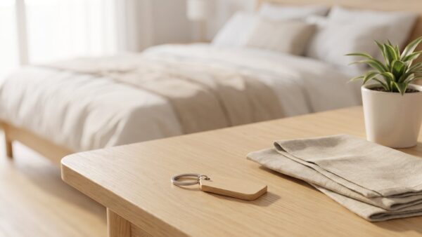 kurzzeitvermietung regeln bild 1 SchlĂŒsselbund mit leerem HolzanhĂ€nger auf einem Holztisch vor einem hellen Apartment