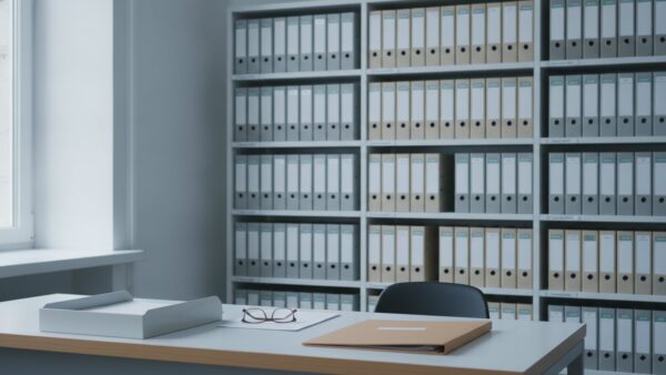 kurzzeitvermietung regeln bild 2 AufgerÀumter Schreibtisch im Amtszimmer mit geschlossenem Aktendeckel und unbeschrifteten Ordnern