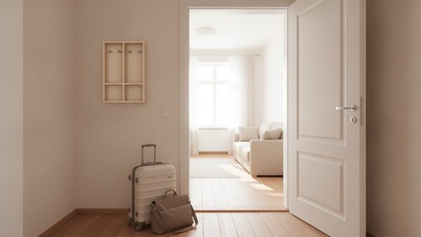 kurzzeitvermietung regeln bild 4 Rollkoffer und UmhĂ€ngetasche im Flur einer hellen Ferienwohnung vor offener WohnungstĂŒr