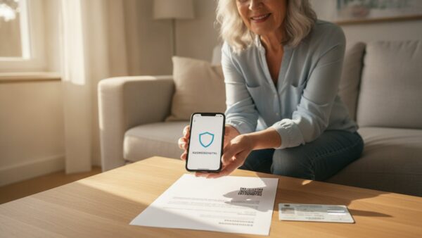 lebensbescheinigung digital Seniorin scannt QR-Code auf dem Behördenschreiben mit dem Smartphone für den digitalen Lebensnachweis