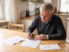 Lebensbescheinigung Formular mit Kugelschreiber und Behördenbrief auf einem Küchentisch