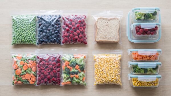 lebensmittel einfrieren bild 1 Flach gepackte Gefrierbeutel und Dosen mit Erbsen, Beeren, Brot und Gemüse auf einer Arbeitsplatte