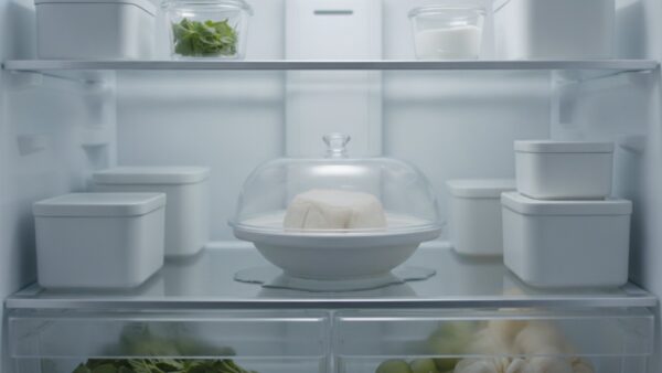 lebensmittel einfrieren bild 3 Abgedecktes Lebensmittel taut in einer flachen Schale auf einem Kühlschrankboden auf