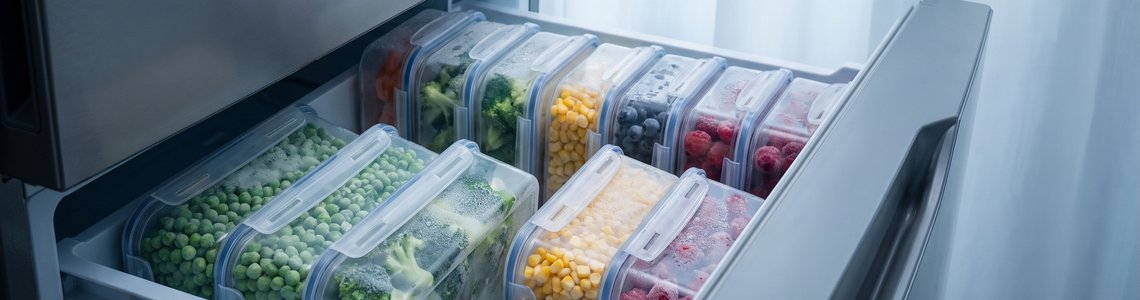 Geöffnete Gefrierschublade mit aufrecht stehenden Dosen voll gefrorenem Gemüse und Beeren