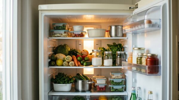 lebensmittel lieferdienst bild 3 Geöffneter Kühlschrank mit Gemüse und unbedruckten Behältern