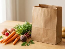 Unbedruckte Papiertüte neben unverpacktem Gemüse