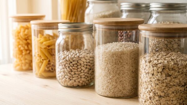 lebensmittel retten bild 2 Unbeschriftete Vorratsgläser nebeneinander auf einer Holzfläche