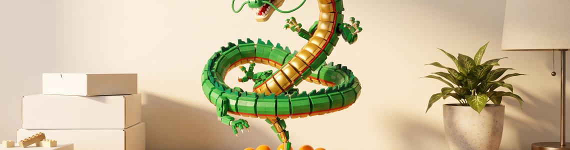 Großes grünes Drachenmodell aus Bausteinen auf einem Sideboard im Wohnzimmer