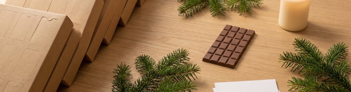 Schlichte Adventskalender aus Pappe mit Tannenzweigen auf hellem Holz
