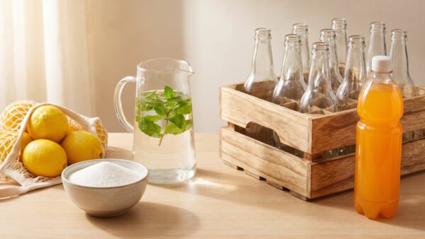 Zutaten für selbstgemachte Limonade neben einer Kiste mit Flaschen
